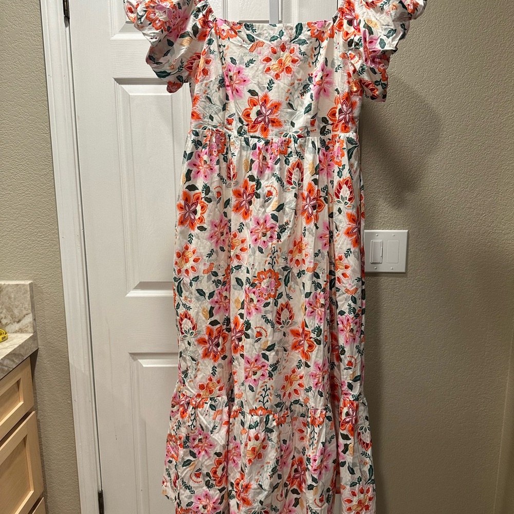 Listicle Floral Midi Dress - Pink, Orange, and Green